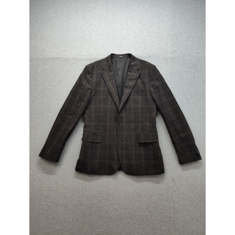 Express Men Blazer Jacket 42L Blue Brown Plaid Two Button‎ Formal Business Slim
